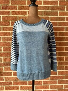 Margaret O’Leary Blue Knit Pullover Sweater Striped Raglan Sleeve, Size 2